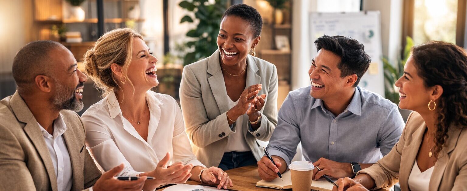 Leaders collaborating in a bright modern office